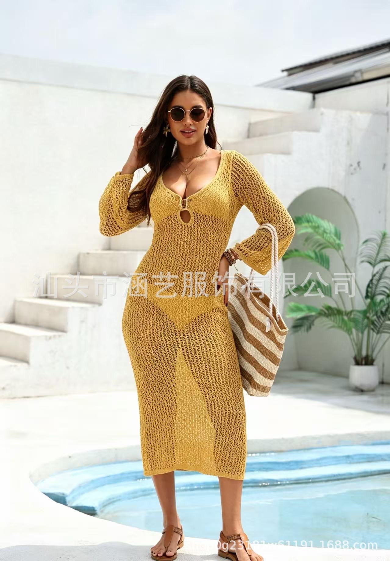 Openwork Textured V-Neck Buttoned Long Sleeve Maxi Dress Beach Cover-Up