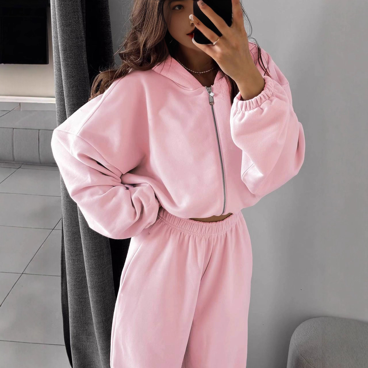 Women's Solid Color Zip-Up Hooded Cardigan & Wide-Leg Jogger Two-Piece Set