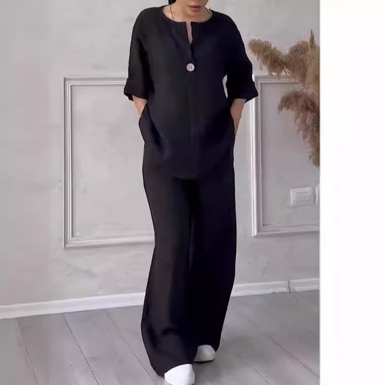 Women's Solid Color Cotton-Linen Casual Pant Set