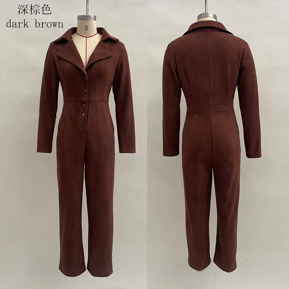 Women's Long Sleeve Collared Button-Front Long Jumpsuit