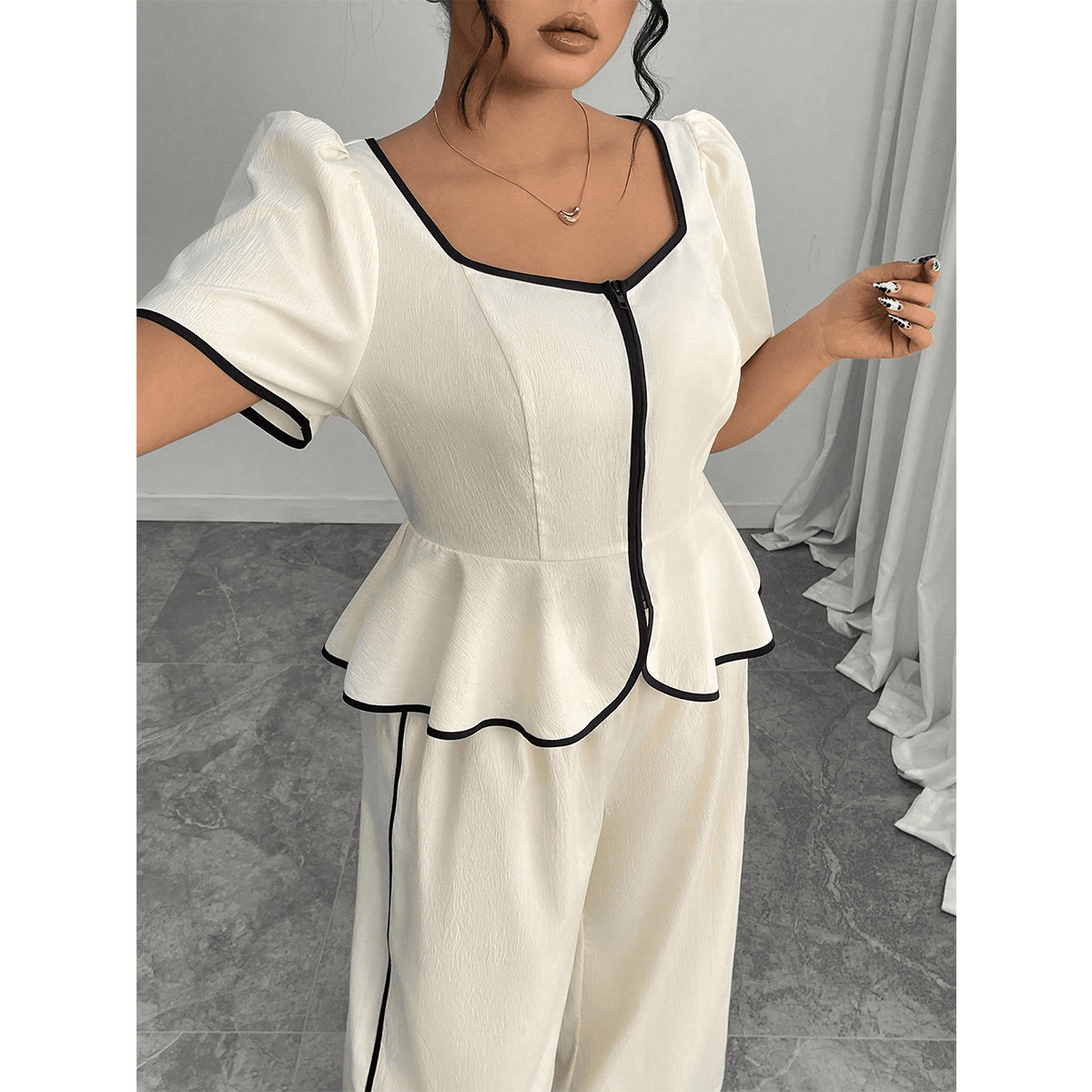 Plus Size French Square Neck Colorblock Two-Piece Set with Waist-Cinching Ruffle Top and Wide-Leg Pants