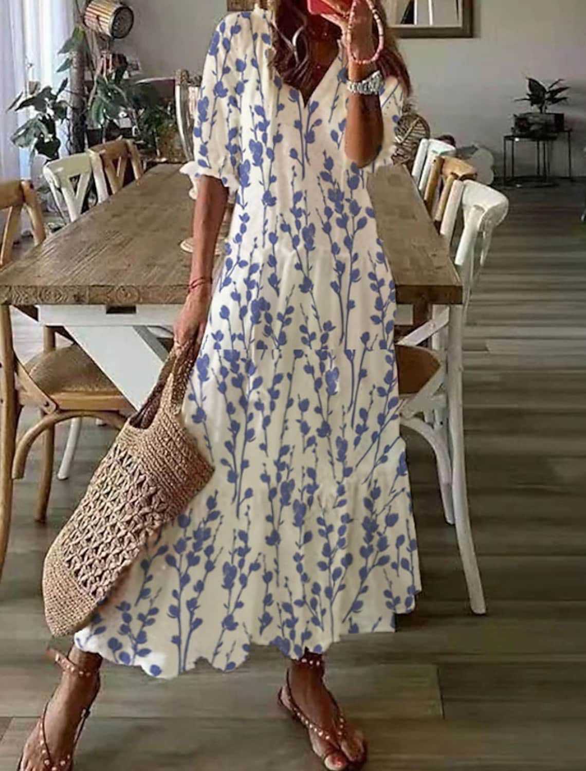Women's Casual V-Neck Printed Tassel Midi Dress Loose A-Line