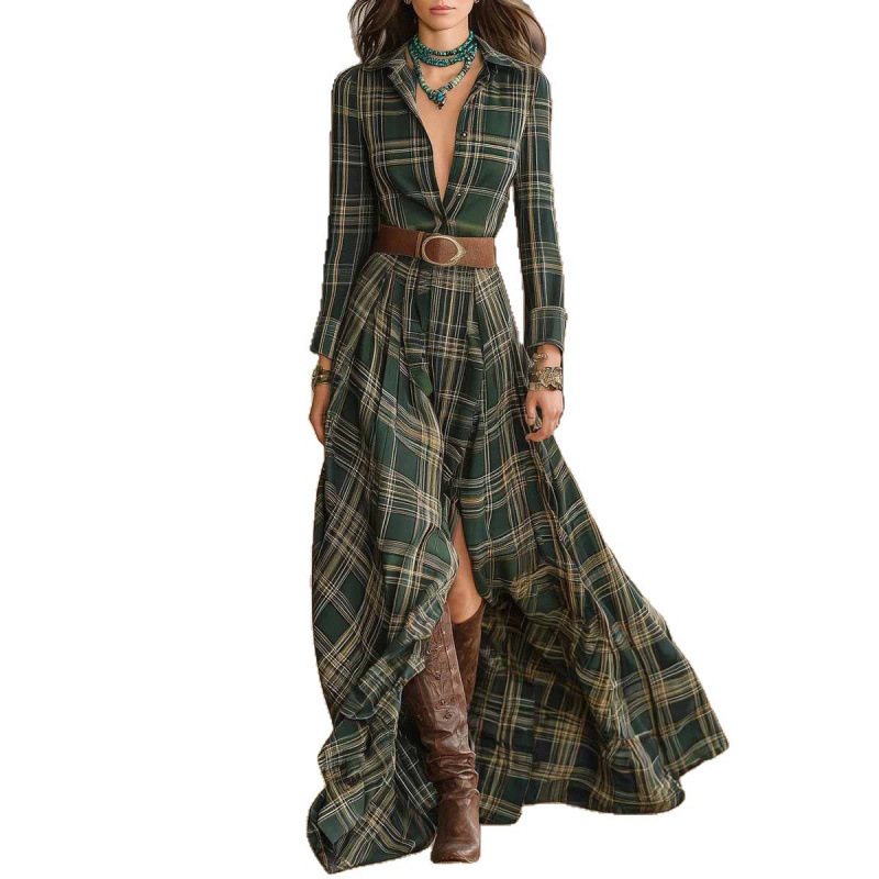 Western Plaid Shirt Collar Slim Fit Dress