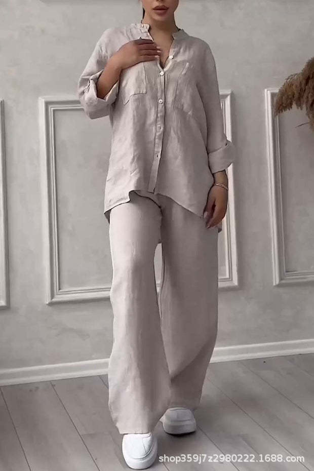 Cotton-Linen Solid Shirt & Drawstring Wide-Leg Pants Set