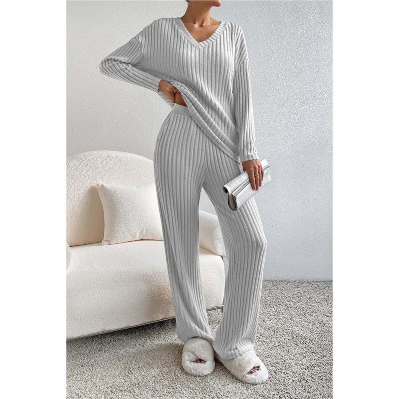 Women's Two-Piece V-Neck Knit Top and Straight-Leg Pants Set