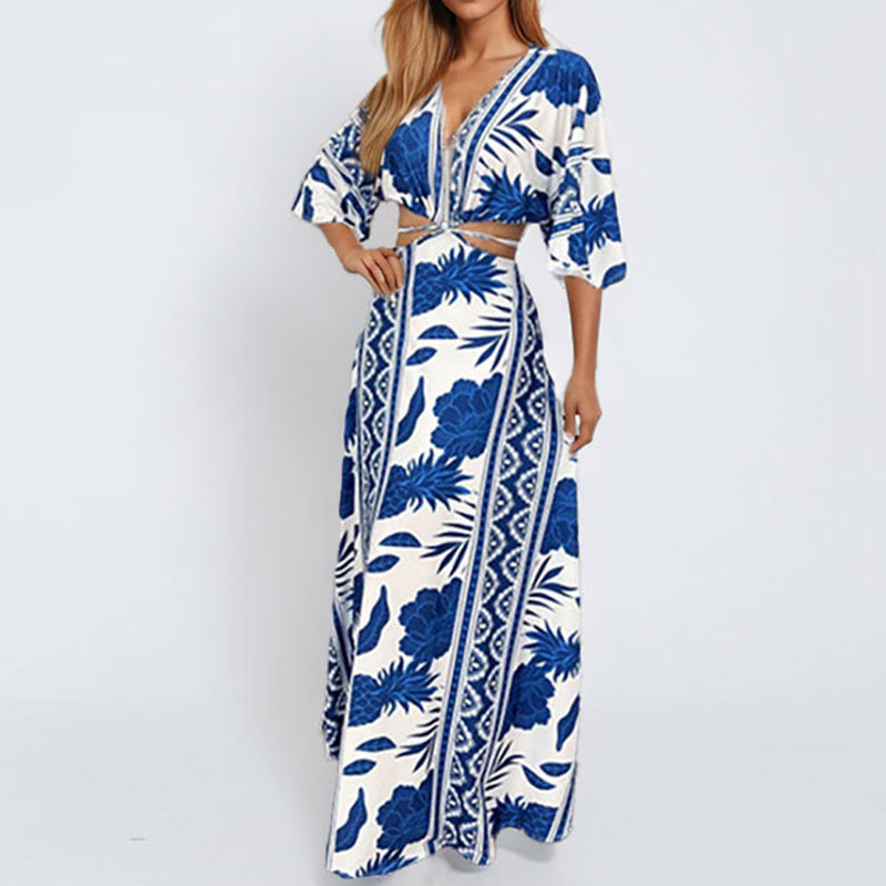 Women's Cutout Waist Printed Tie Dress