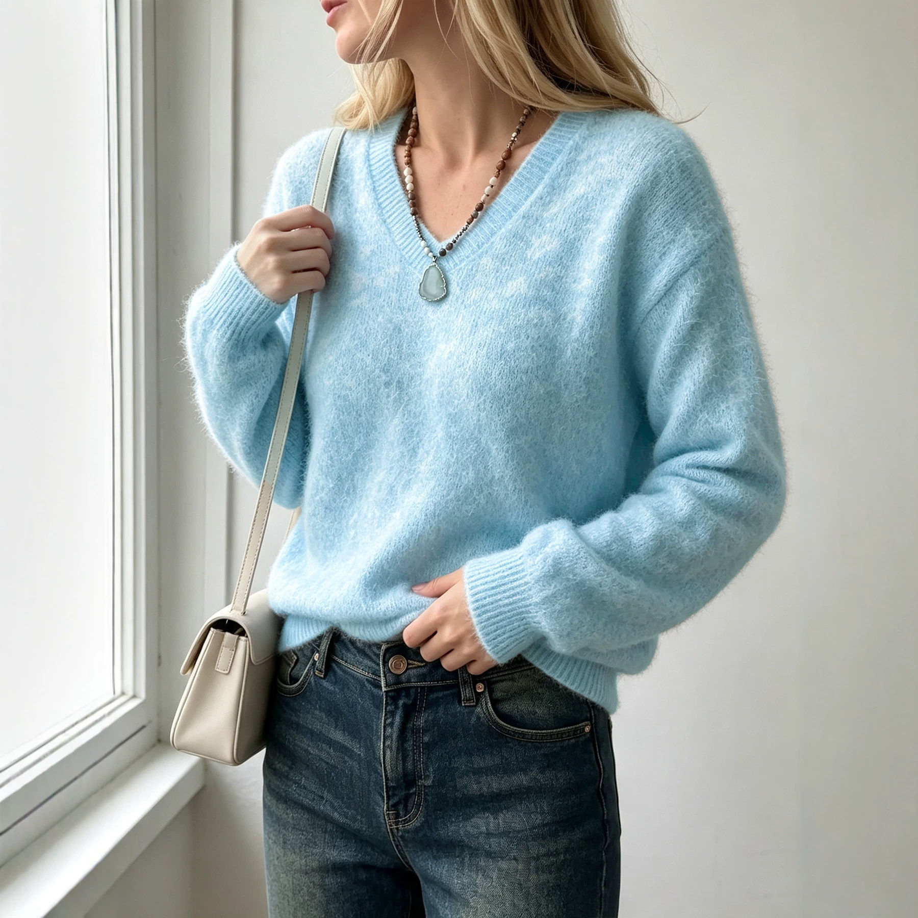 Women's V-Neck Wool Blend Knit Sweater Soft Solid Color Pullover