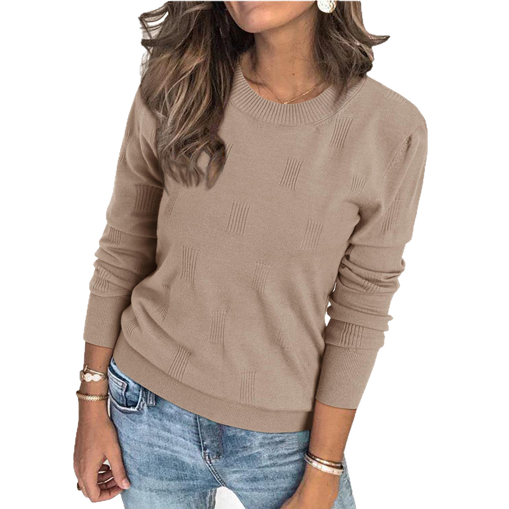 Women's Round Neck Long Sleeve Knit Pullover Sweater Distressed Solid Color