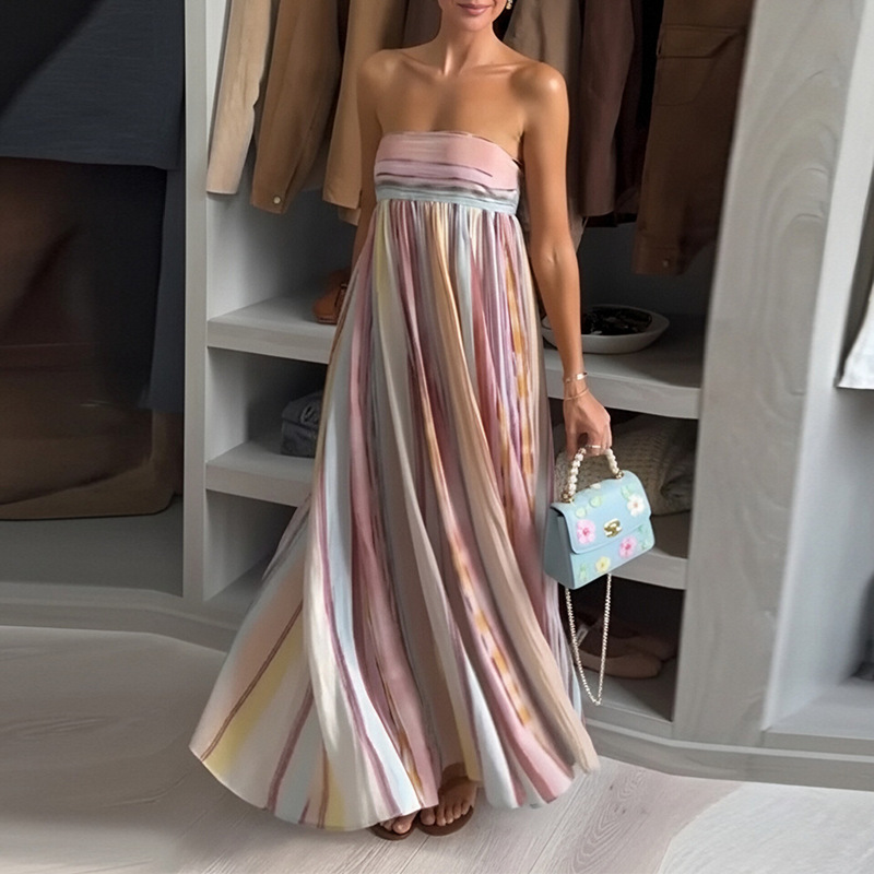 Women's Color-Block Strapless Backless Long Dress