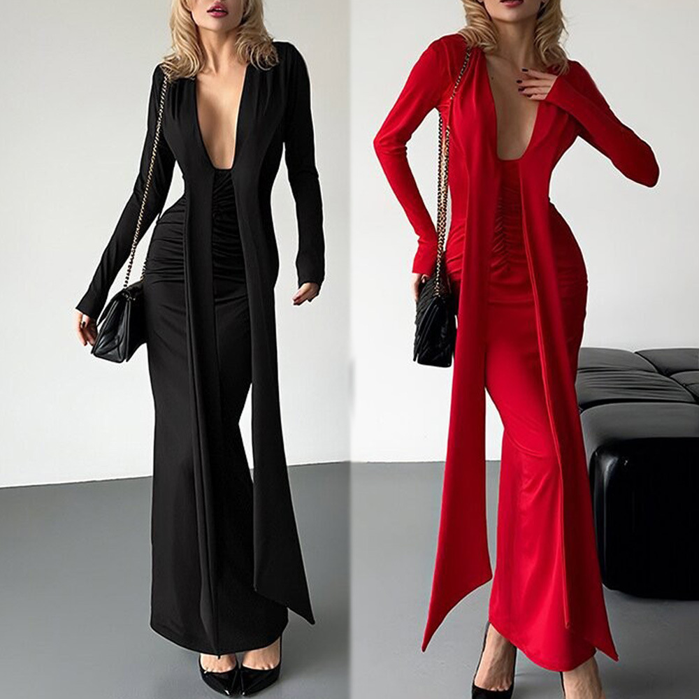 Sexy Deep V-Neck Long Sleeve Ribbon Bodycon Solid Dress