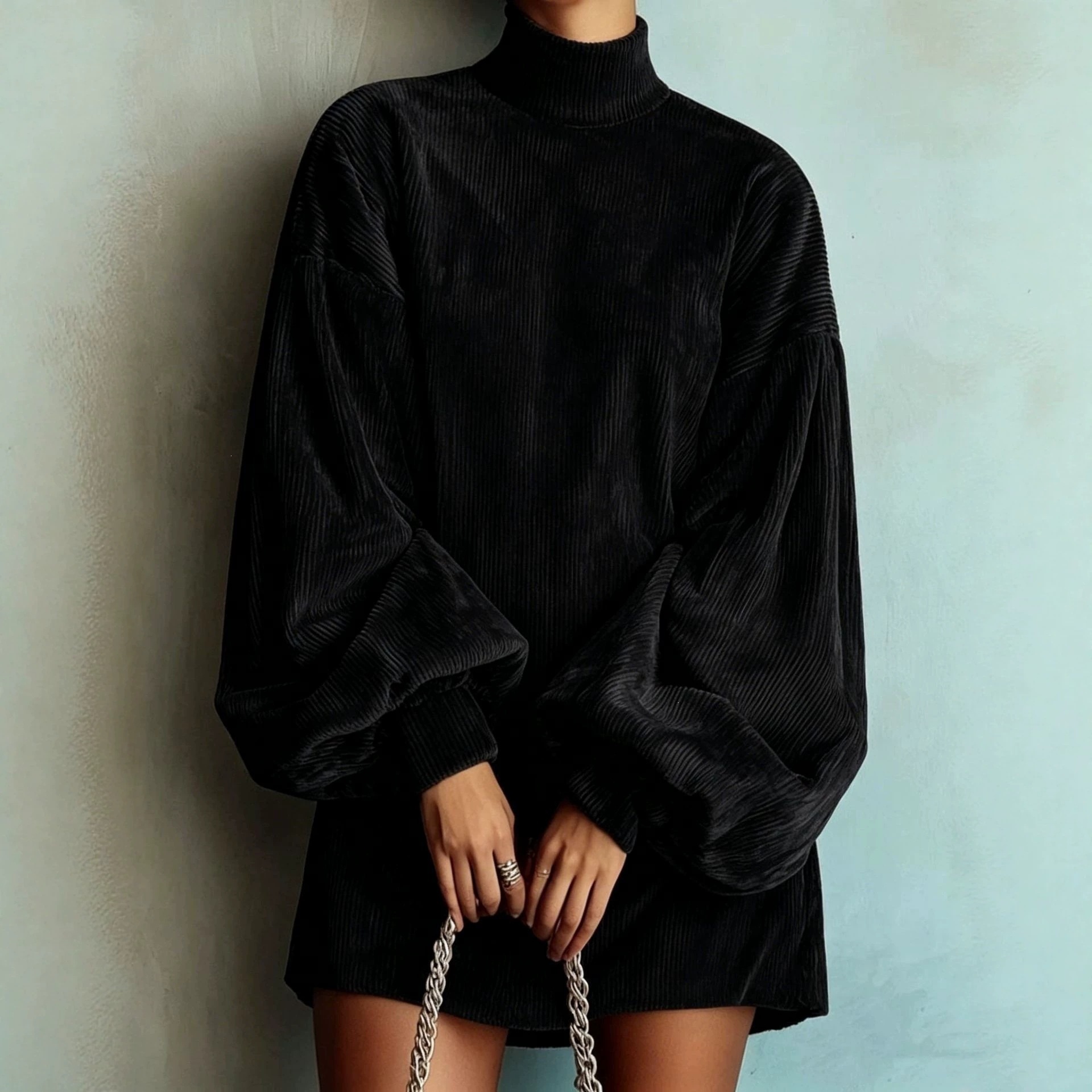 Women's Loose Lantern Sleeve A-Line Dress Corduroy Solid Color
