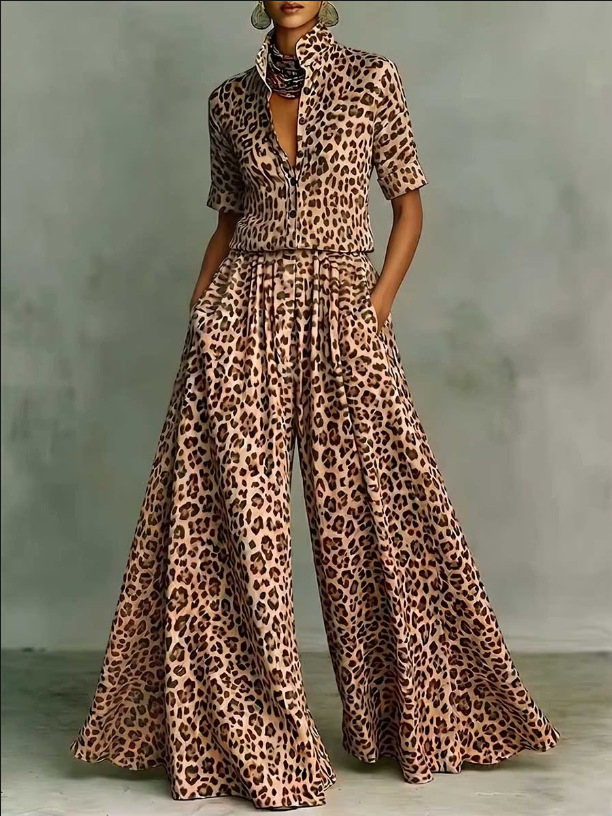 Women's Leopard Print Matching Set: Short Sleeve Loose Shirt & High Waist Wide Leg Pants