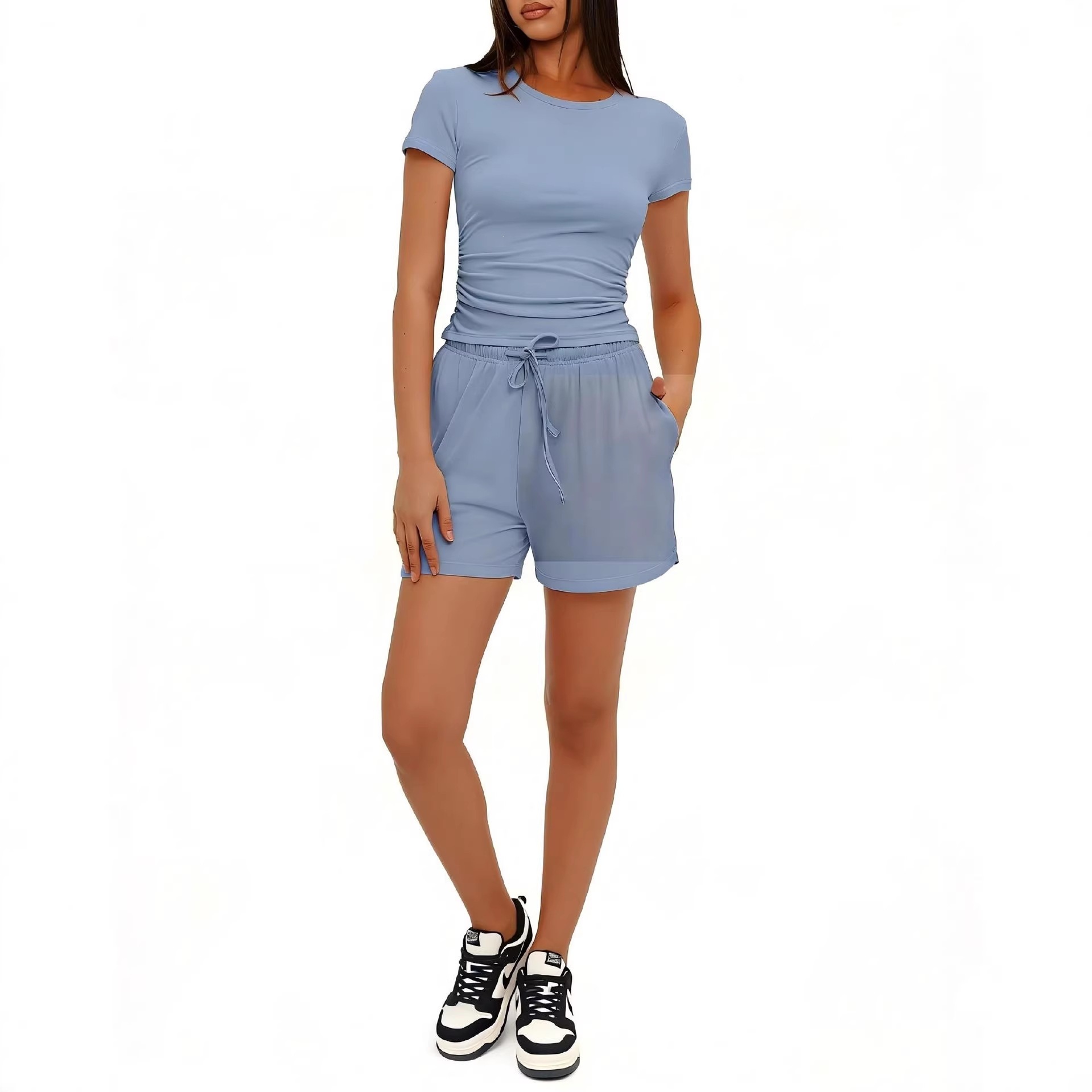 Solid Short Sleeve Tee & High-Waist Wide-Leg Shorts Set