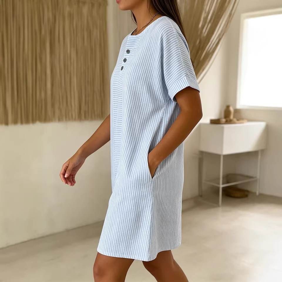Women's Button Round Neck Loose Pocket Casual Midi Dress