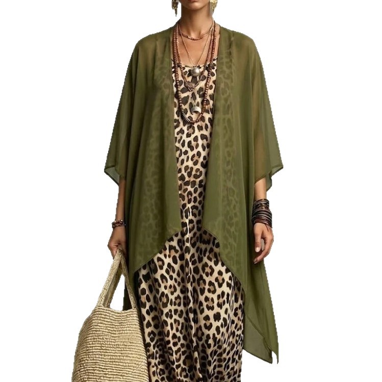 Leopard Print Cami Maxi Dress with Chiffon Cardigan Two-Piece Set