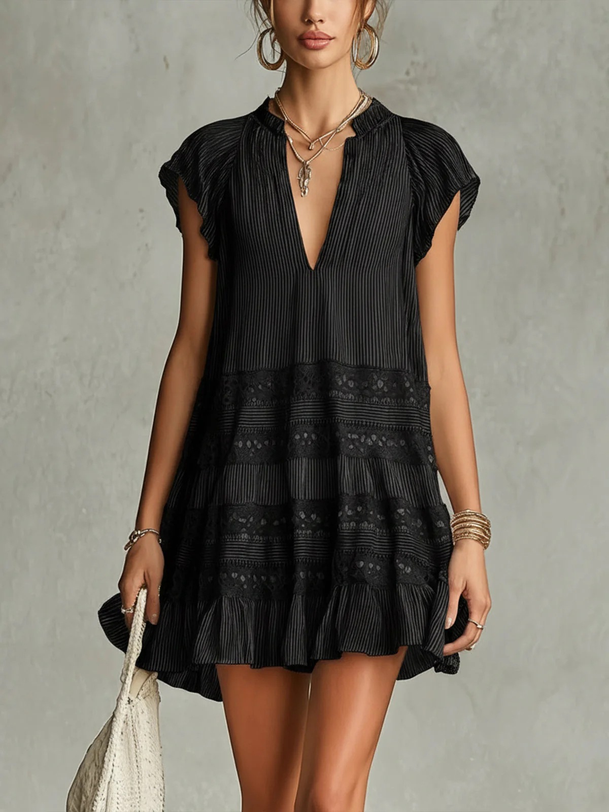 Black Striped Lace V-Neck Short Sleeve Dress