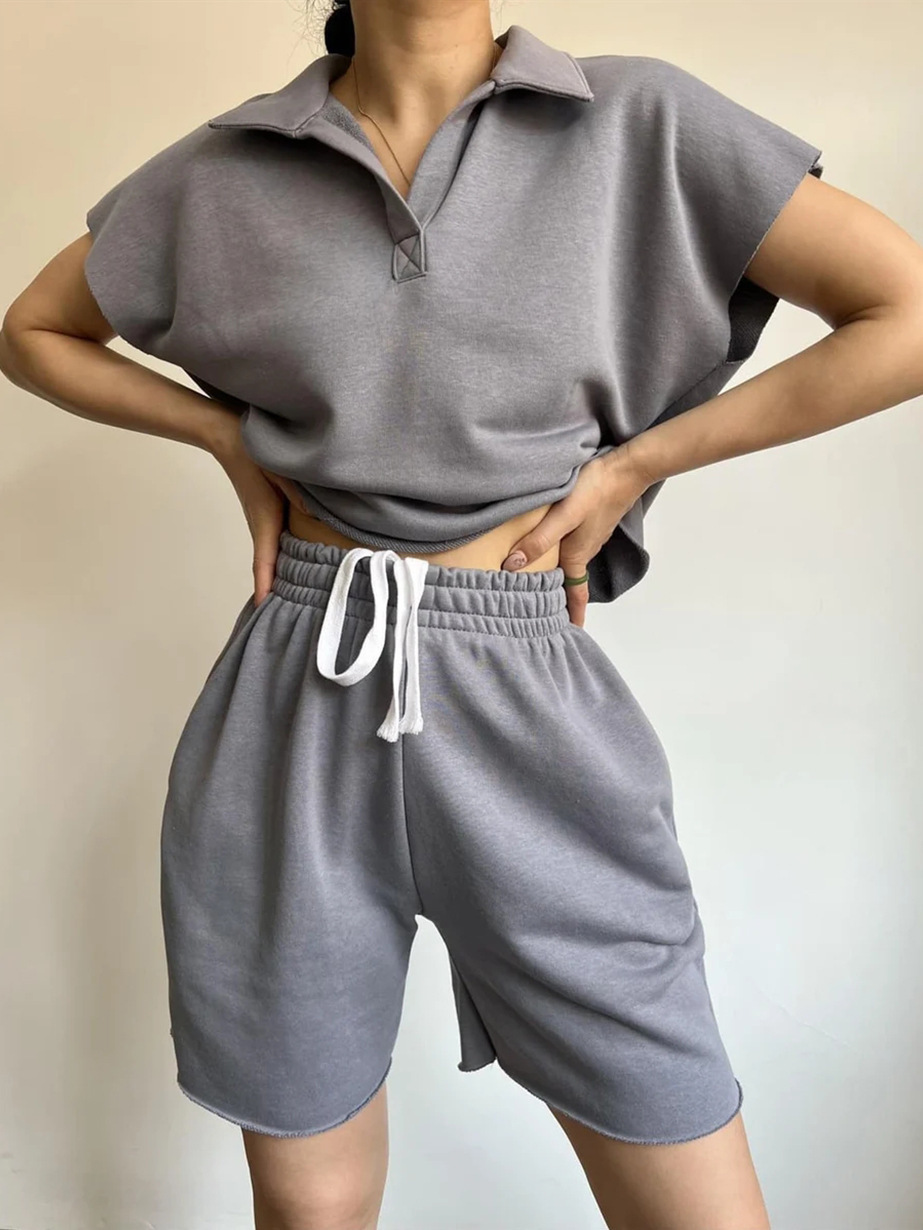Women's Collared Long-Sleeve Loose Top and Tie Shorts Two-Piece Set
