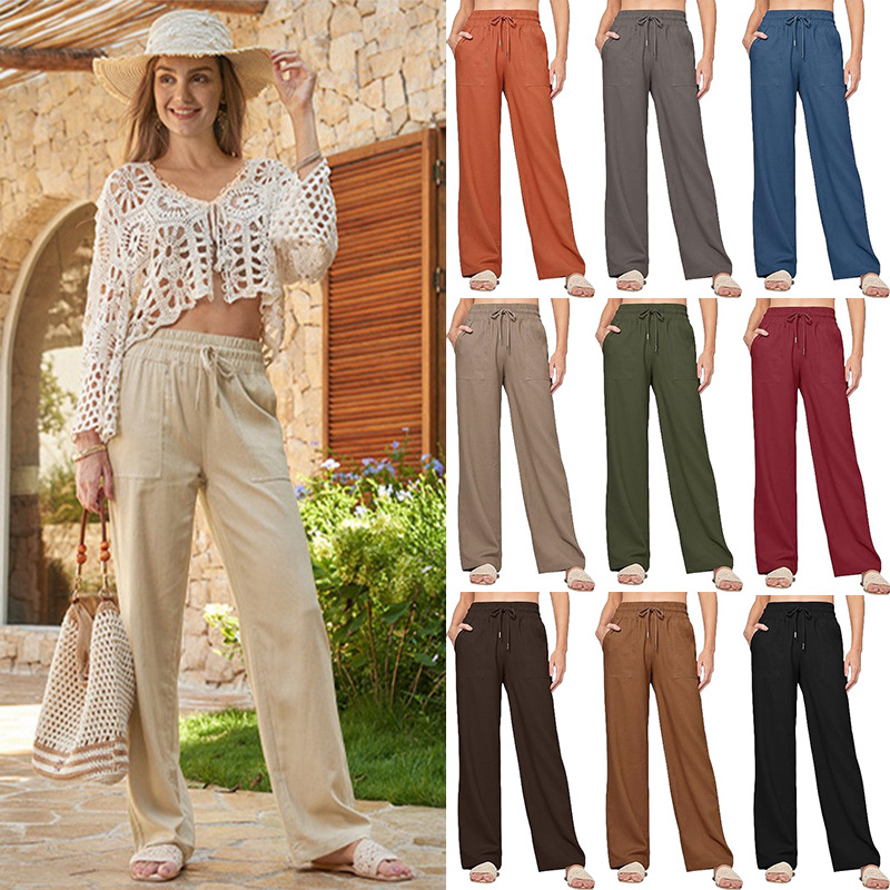 Women's Cotton Linen High Waist Straight Leg Wide Leg Pants