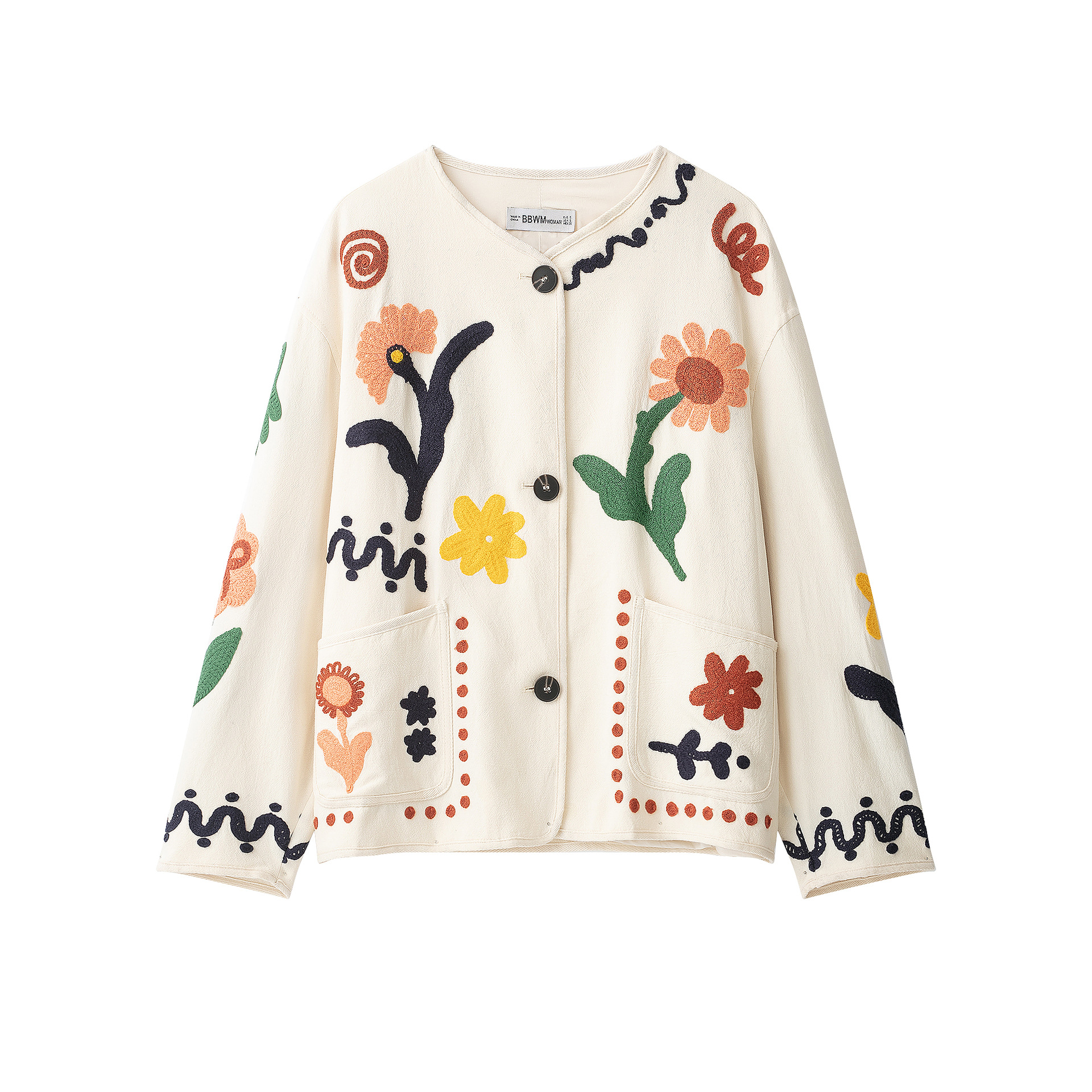 Women's Floral Embroidered Crewneck Jacket Coat