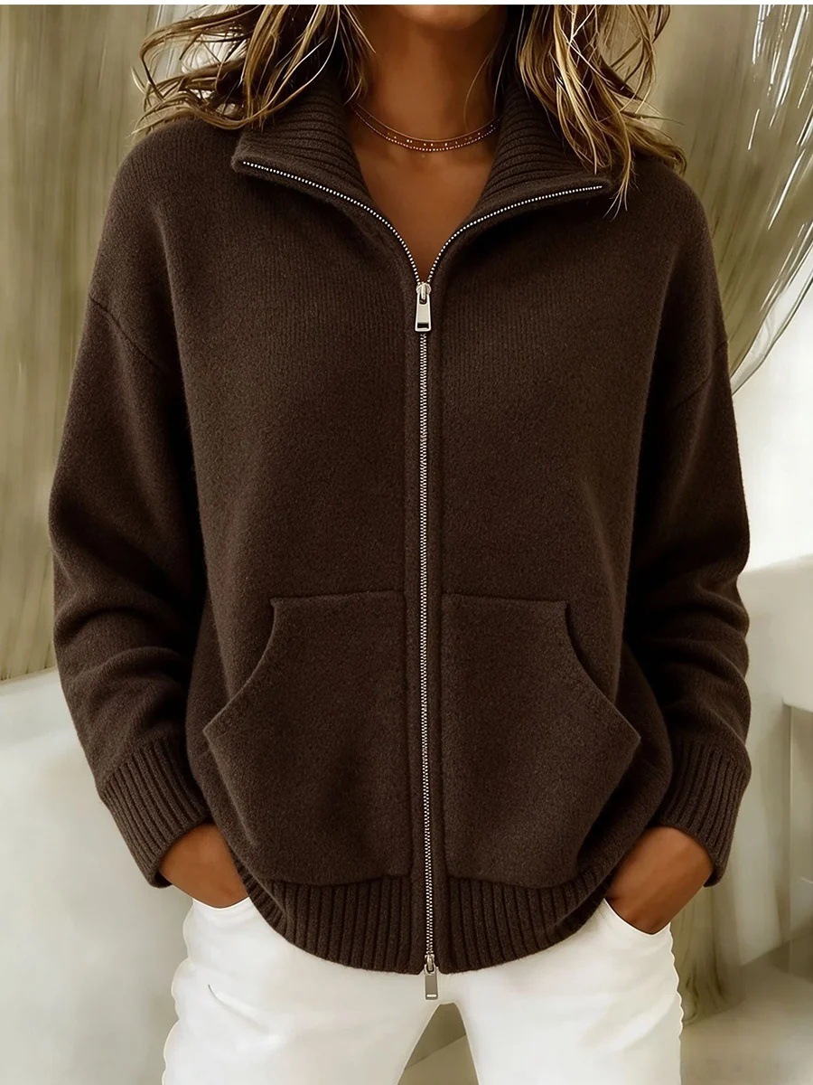 Women's Knit Polo Collar Zip-Up Sweatshirt