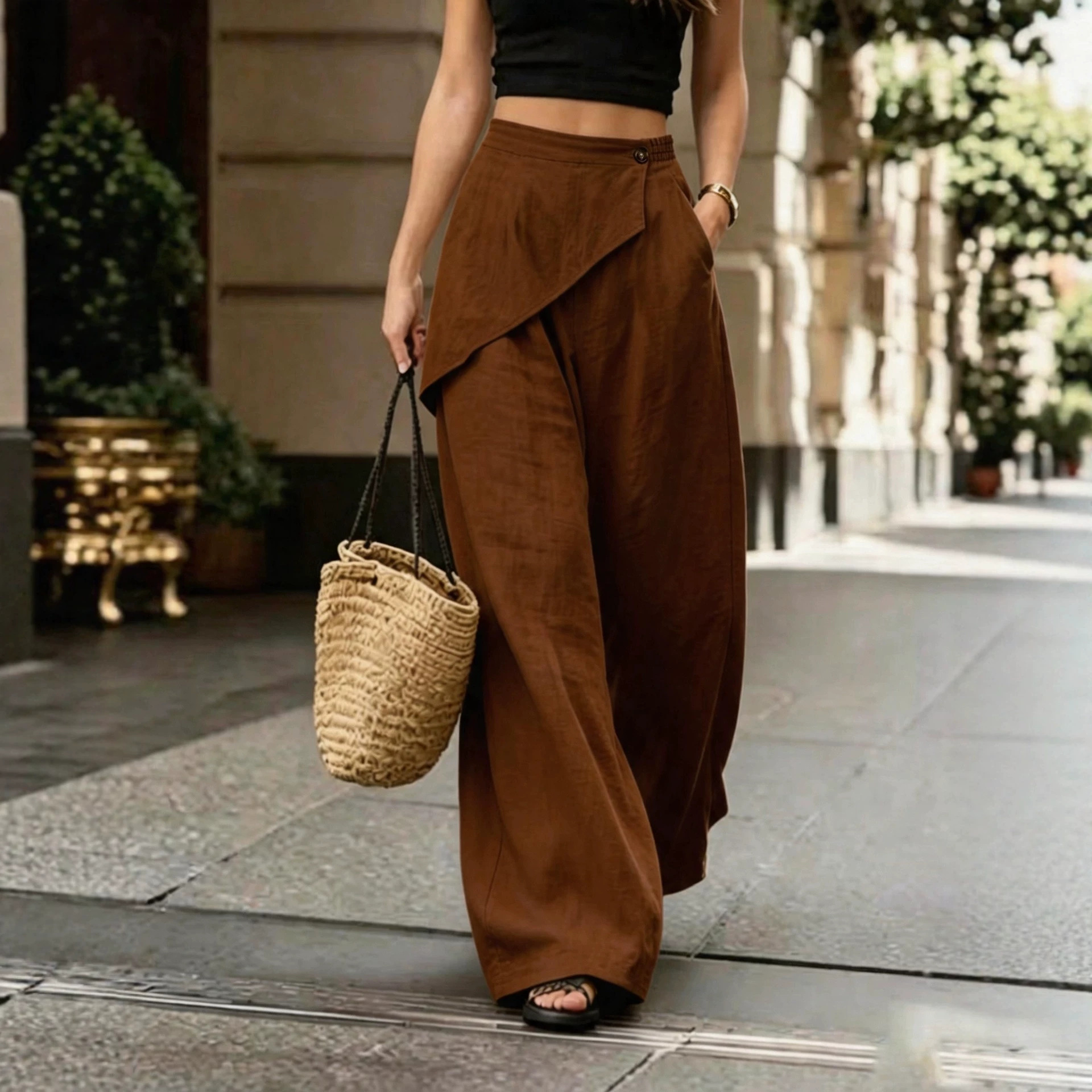 Women's Wide-Leg Faux Linen Pants Irregular Design Loose Solid Casual