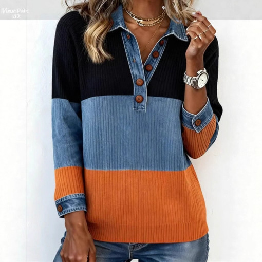 Color-Block Denim Knit Top with Button Shirt Collar