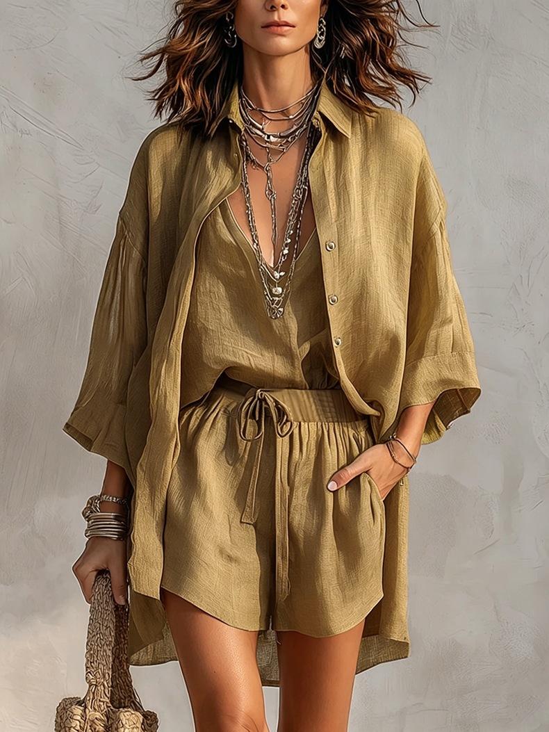 Women's 3-Piece Open-Front Cardigan, V-Neck Tank & Shorts Set