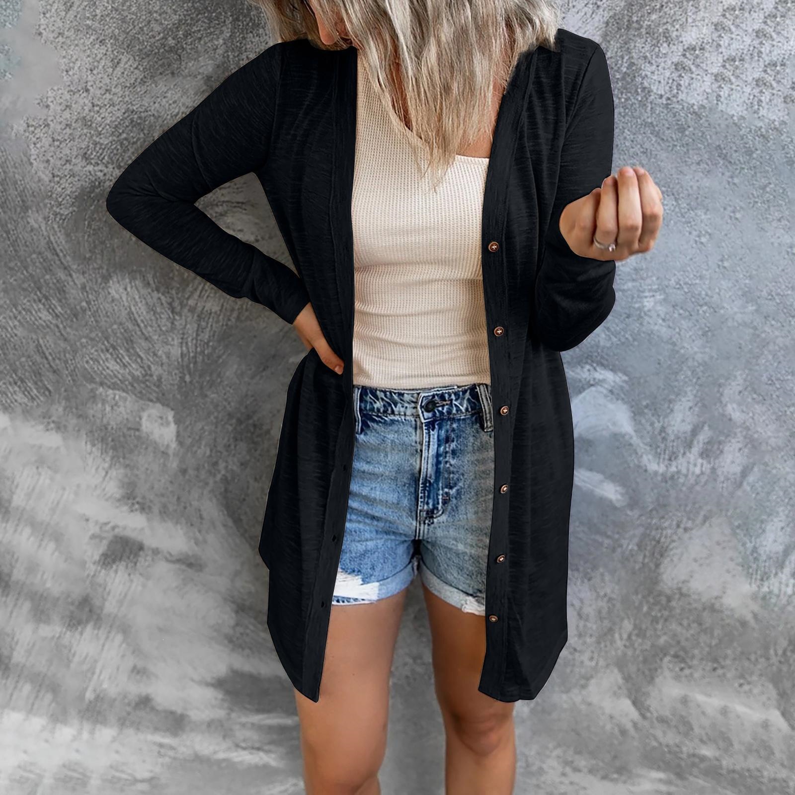 Solid Color Single-Breasted Midi Cardigan Long Sleeve Sun Protection Cover-Up