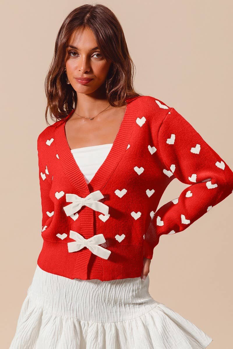 V-Neck Heart Knit Cardigan with Bow Buttons