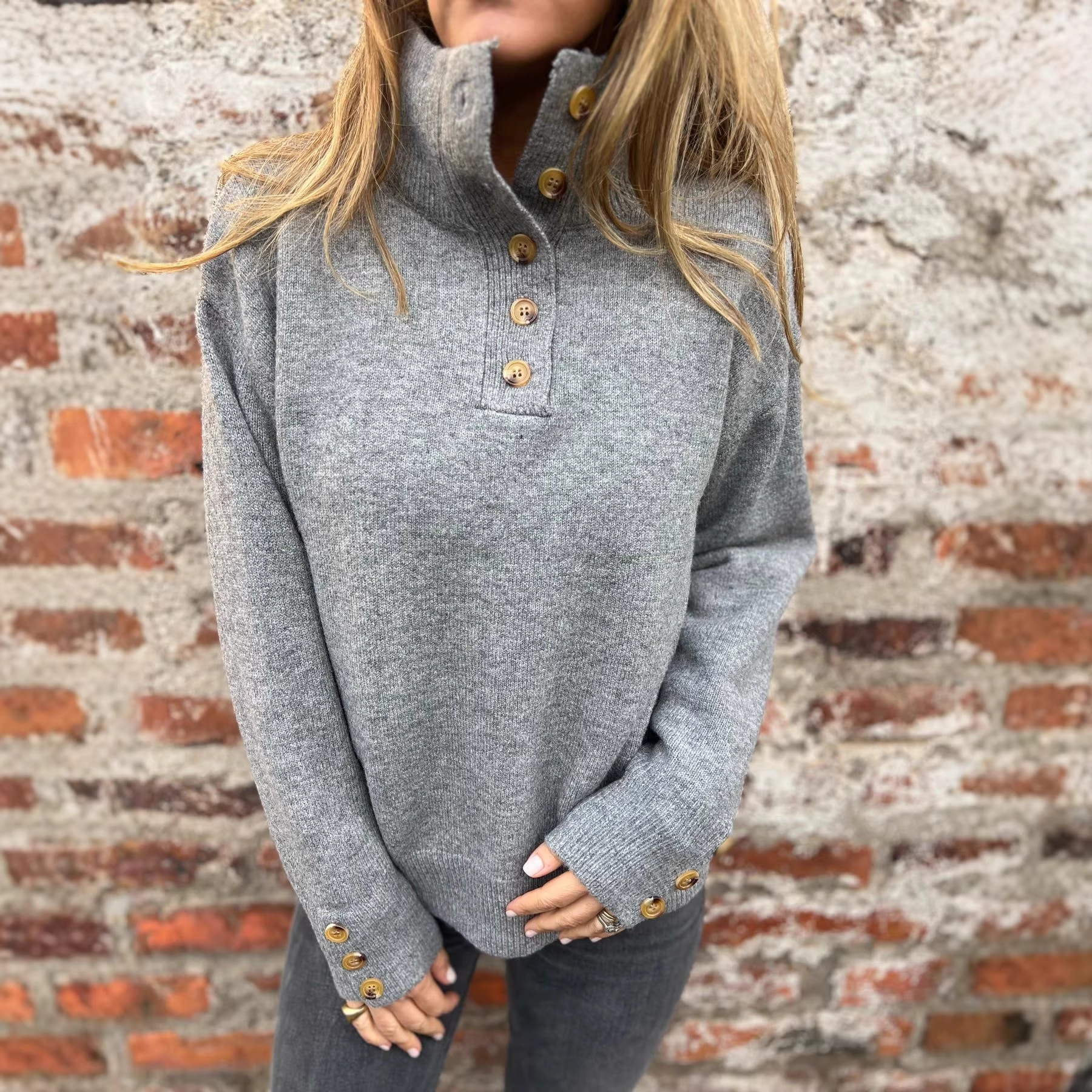 Women's Stand Collar Button Knit Sweater Solid Color Loose Fit