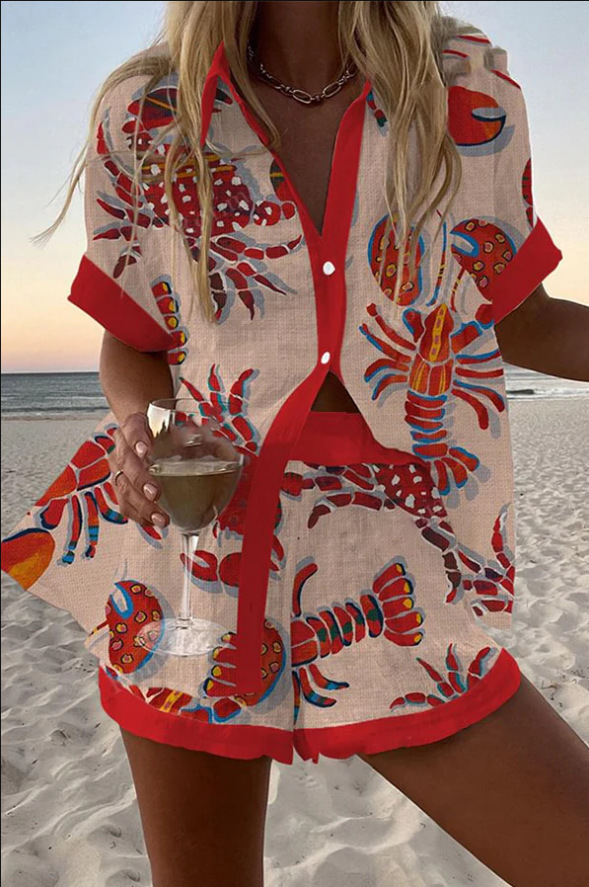 Women's Animal Print Short Sleeve Collared Top Set
