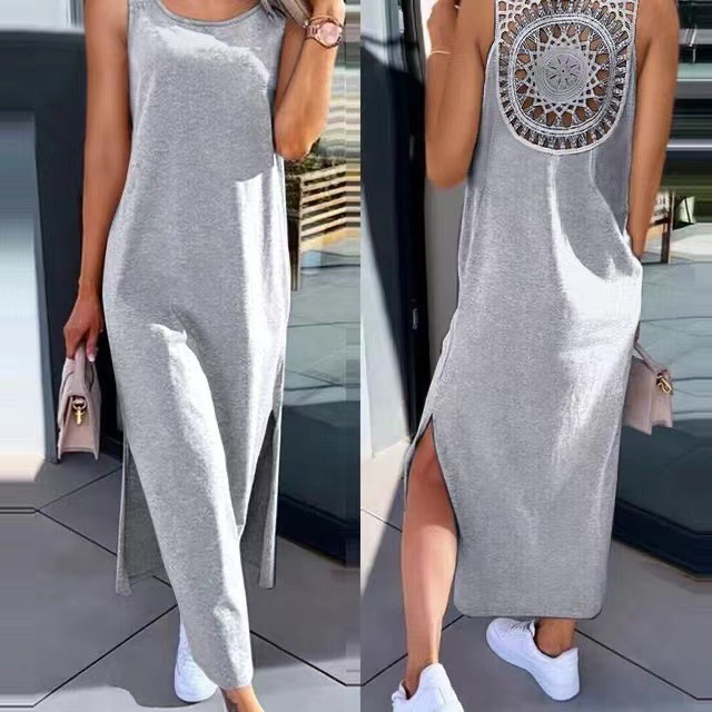 Women's Lace Cutout Sleeveless Midi Dress with Slit