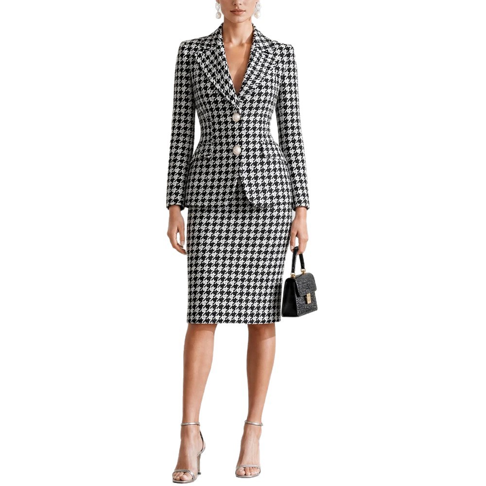 Houndstooth Blazer and Skirt Two-Piece Set