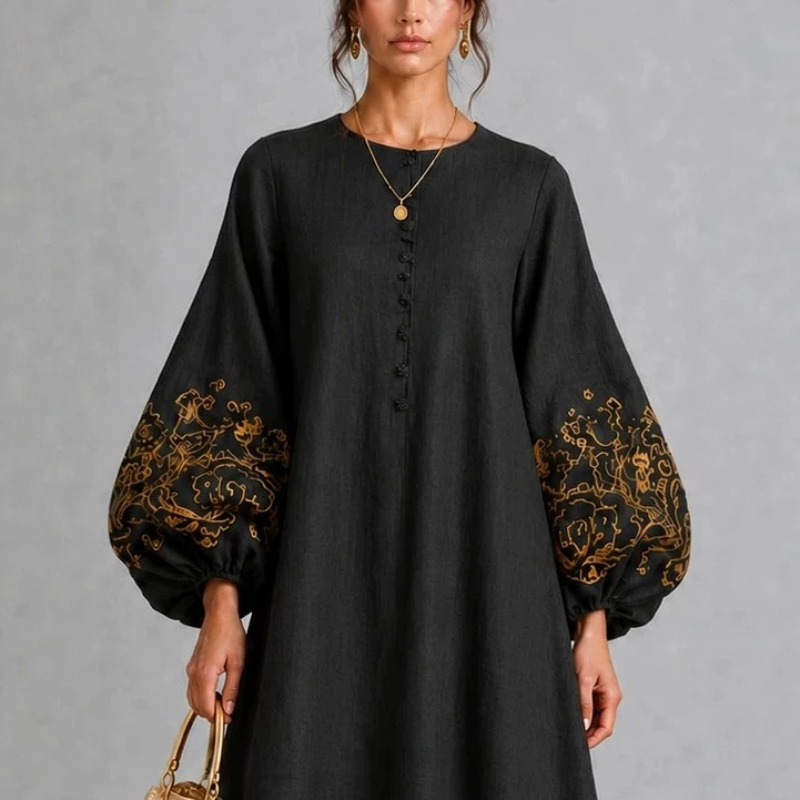Black Gold Embroidered Lantern Sleeve A-Line Midi Dress
