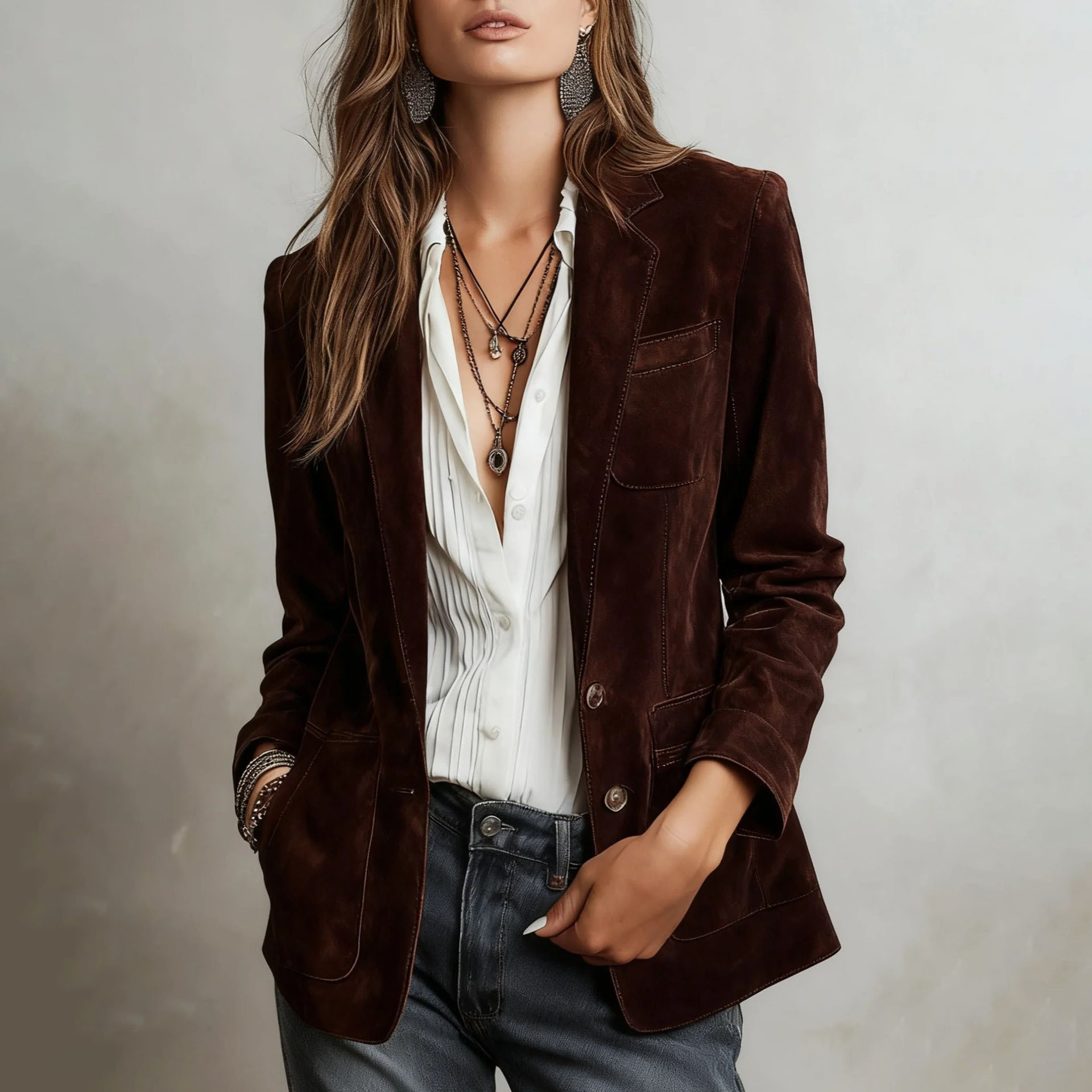Women's Blazer-Style Jacket with Suit Collar, Commuter Fit, Polyester, Mid-Length
