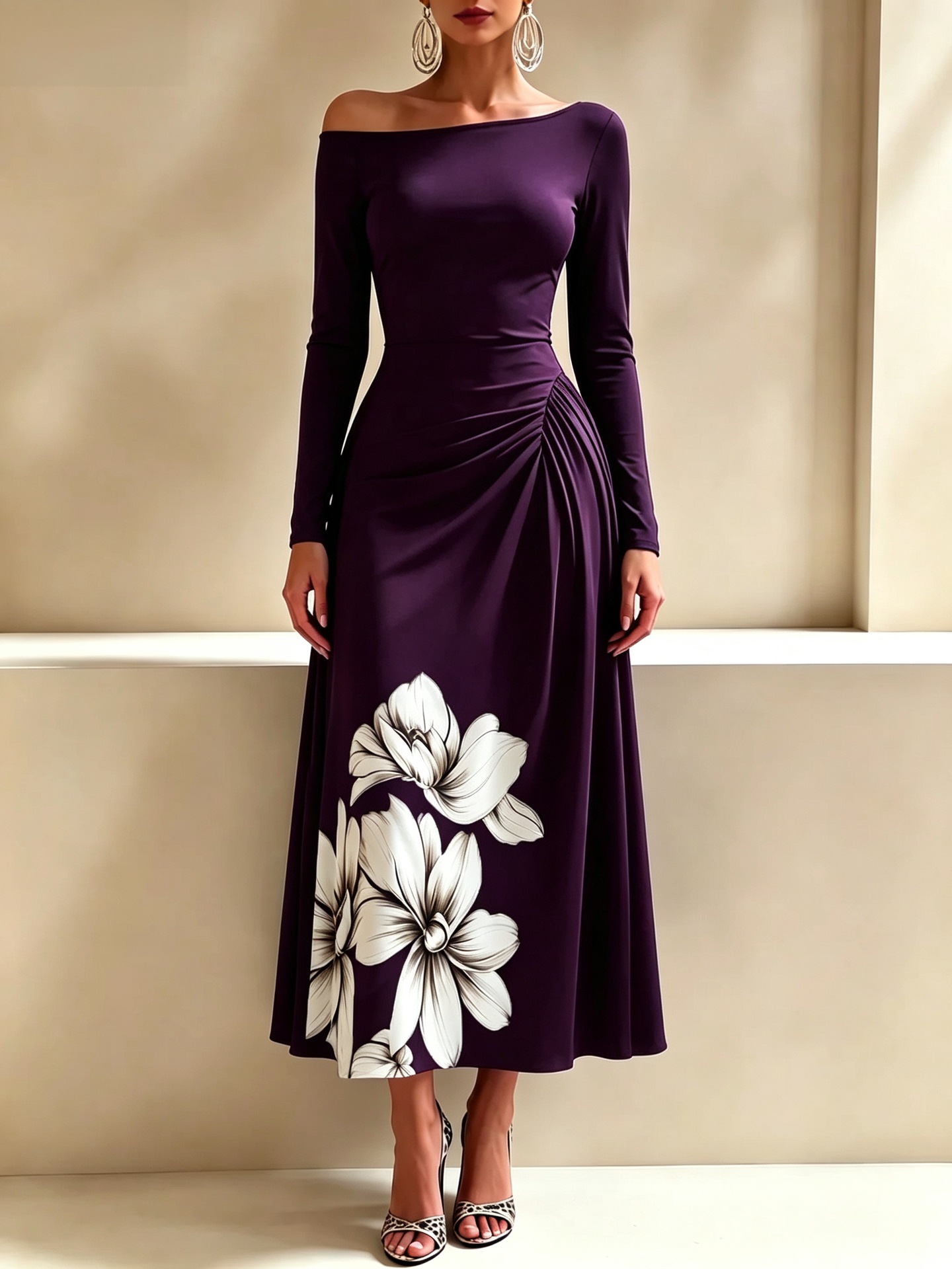 Off-Shoulder Floral Print Maxi Dress with Side Waist Ruching