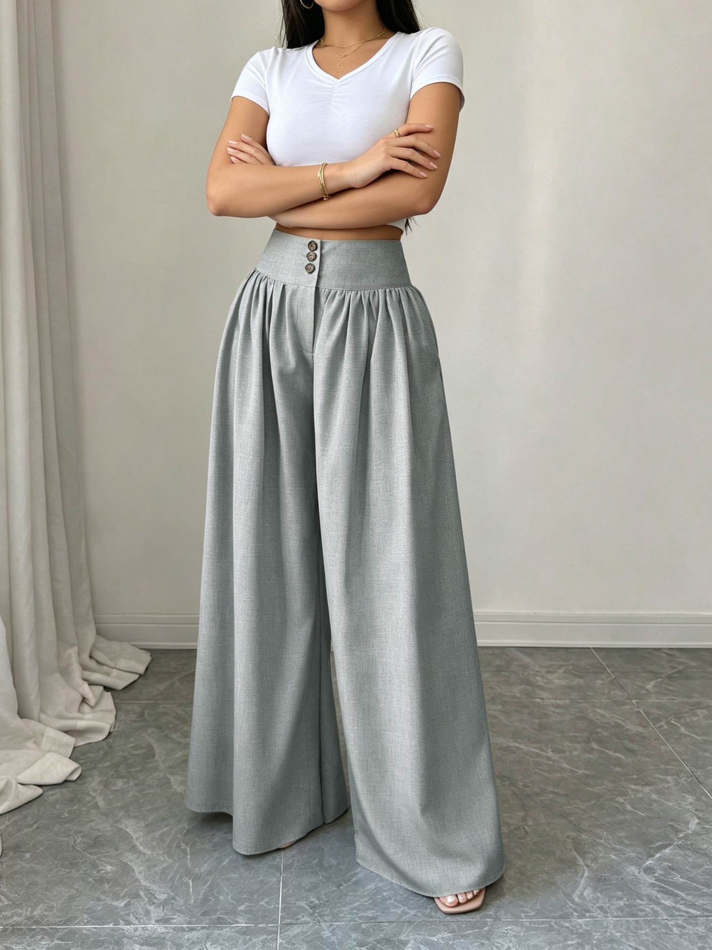 High-Waist Three-Button Wide-Leg Drapey Pants