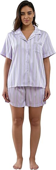 Women's Cuban Collar Satin Striped Print Short Sleeve Shirt Set