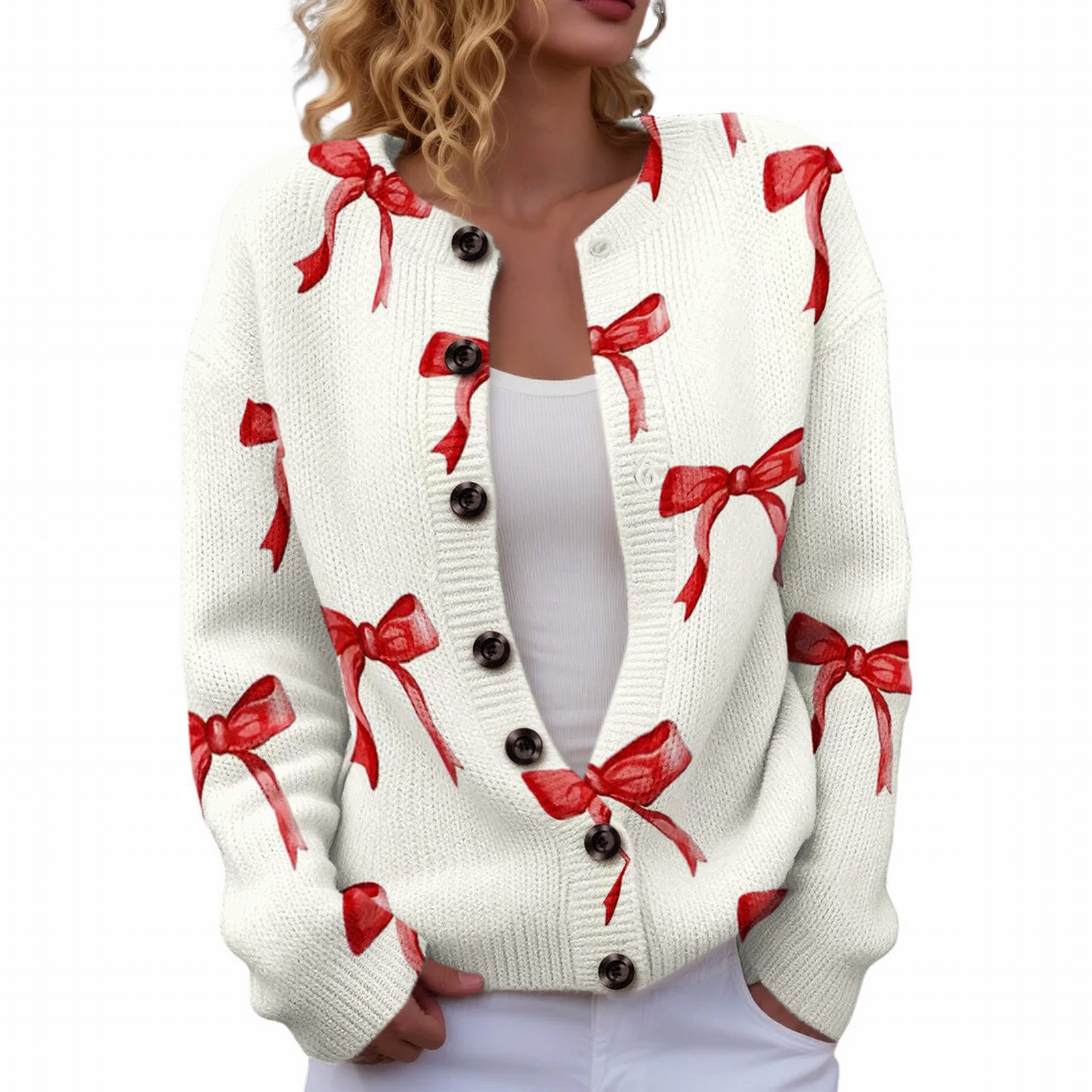 Women's Heart Ribbon Bow Cherry Print Cardigan