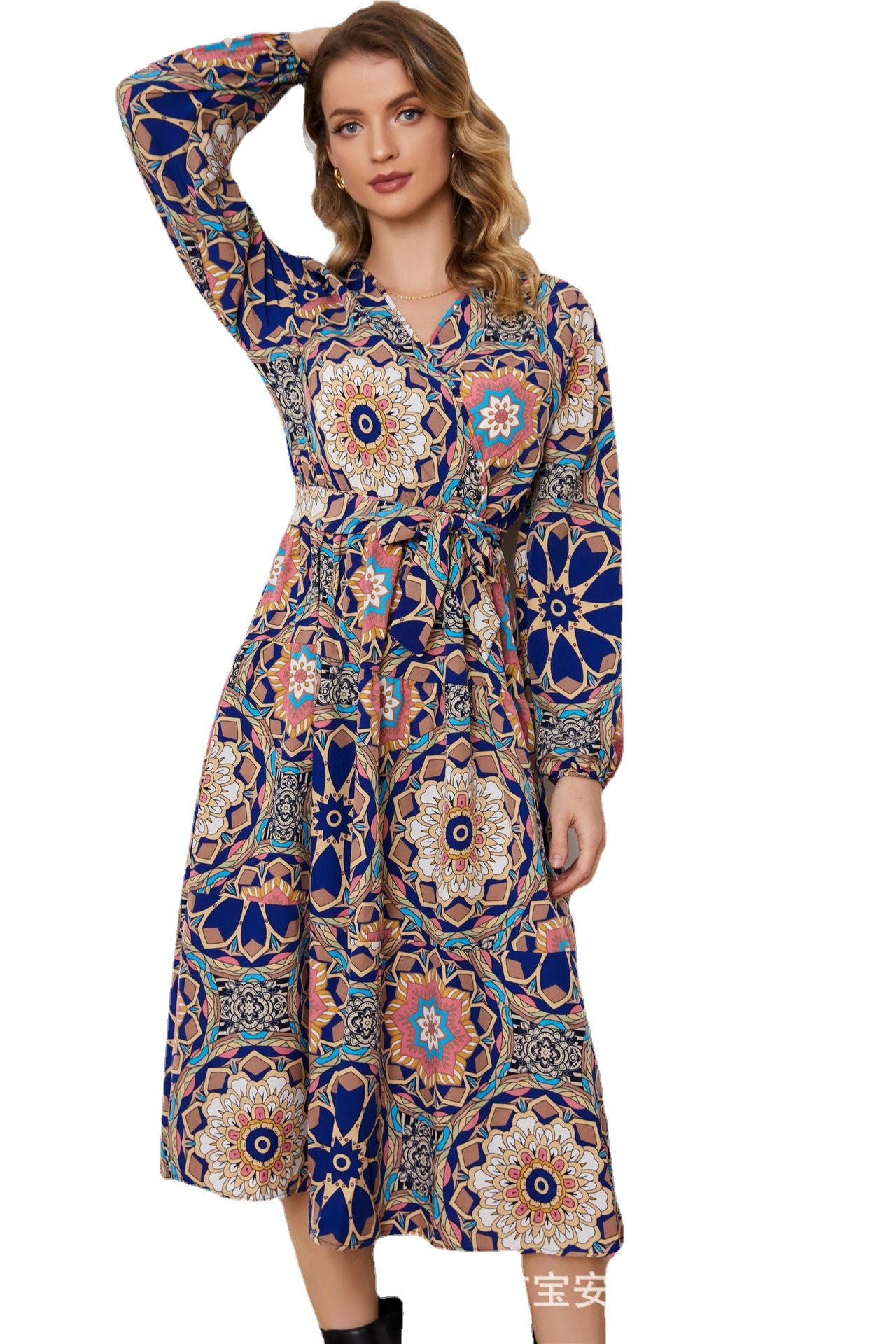 Floral Print Long Sleeve V-Neck A-Line Midi Dress with Belt