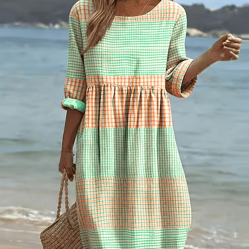 Women's Plaid Color-Block Floral Midi Dress with Pleated Details