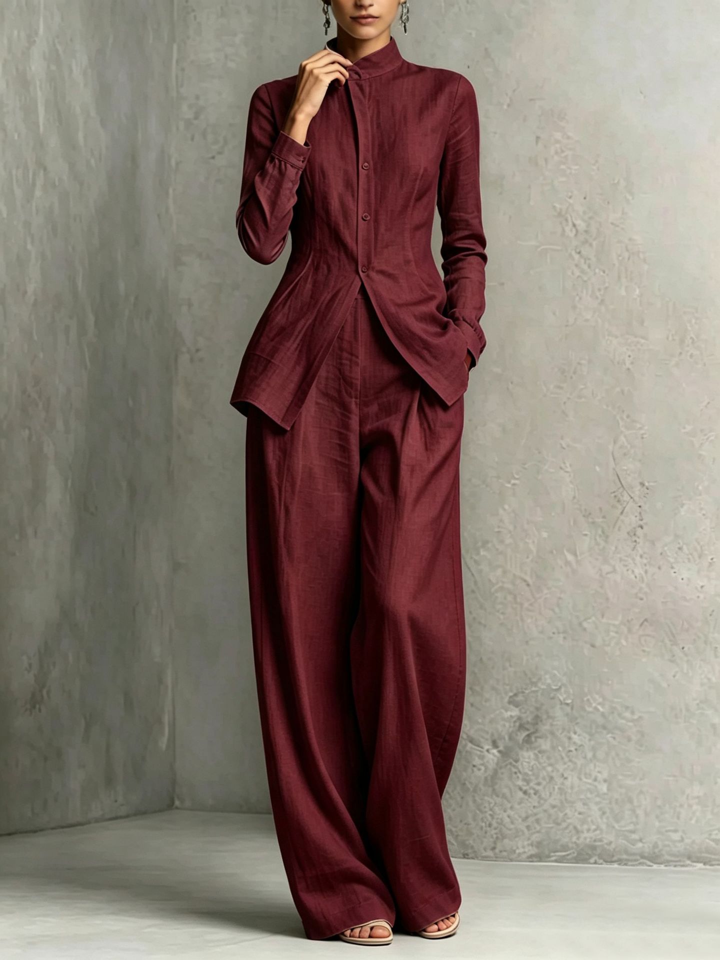 Women's French Stand Collar Long Sleeve Fitted Shirt and Wide Leg Pants Set Minimalist Two-Piece