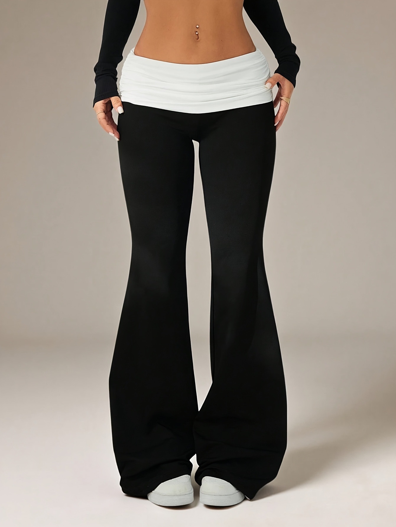 Low-Rise Fold-Over Waist Flare Pants High-Stretch Bodycon