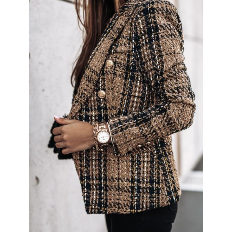 Women's Long Sleeve Double-Breasted Blazer with Suit Collar and Print