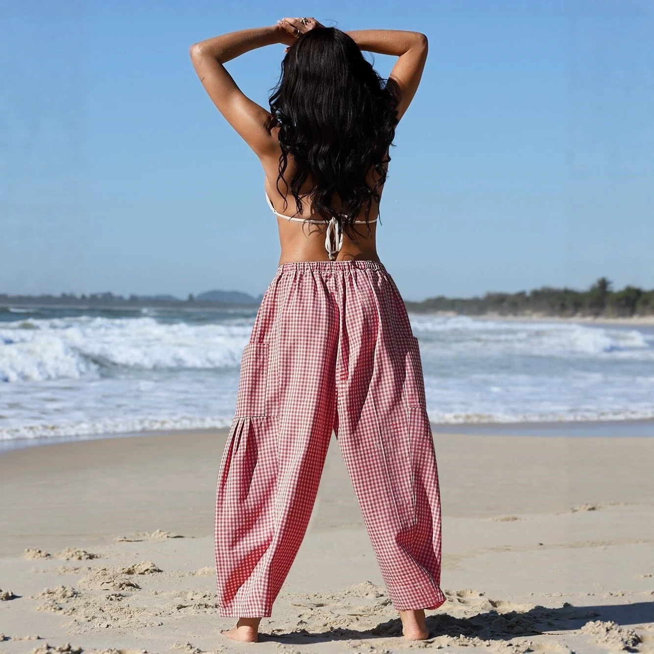 Women's Wide-Leg Plaid Harem Pants High Waist Linen-Blend Casual Trousers