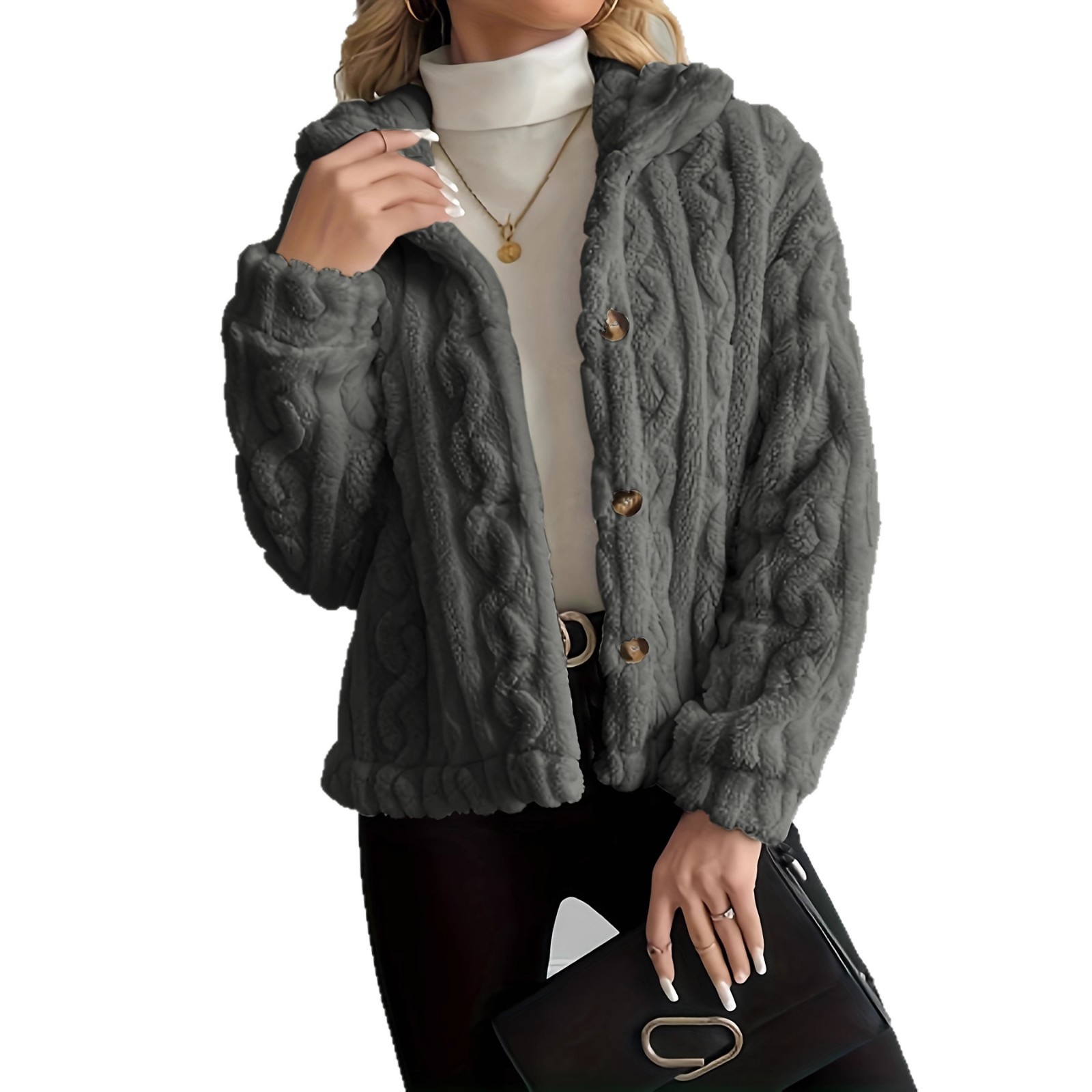 Double-Sided Fleece Cable-Knit Women's Jacket Cozy Warm Button-Up Coat