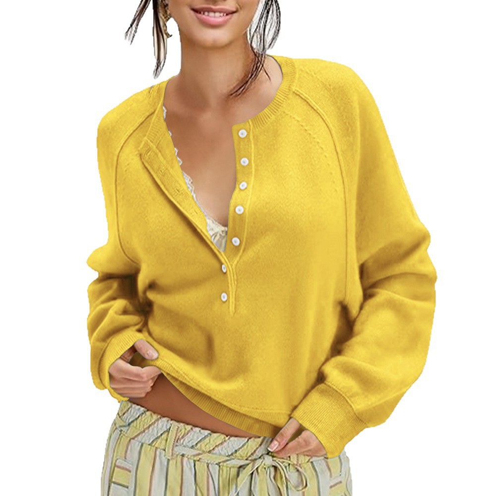Women's Casual Crewneck Button-Front Knit Henley Sweater