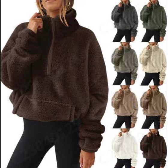 Fleece-Lined Half-Zip Stand Collar Sweatshirt for Women