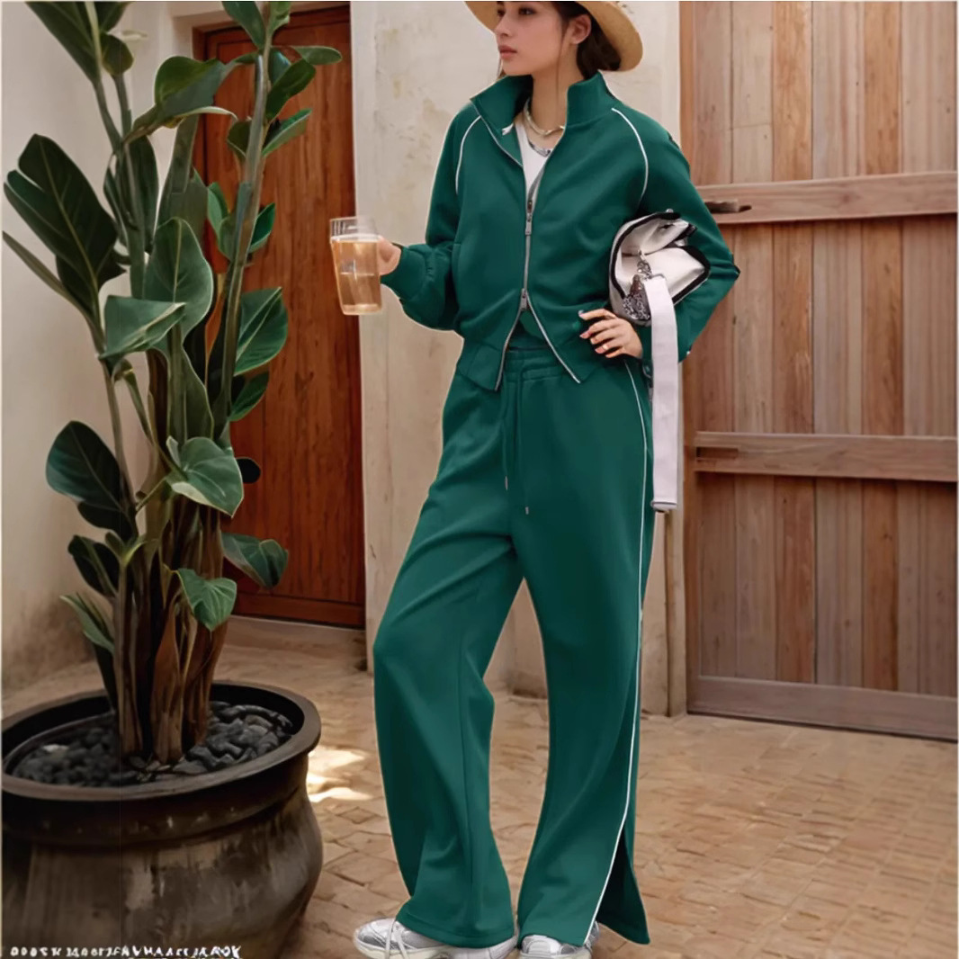 Women's Casual Two-Piece Set Long Sleeve Half-Turtleneck Zip Cardigan Sweatshirt & Striped Drawstring Pants