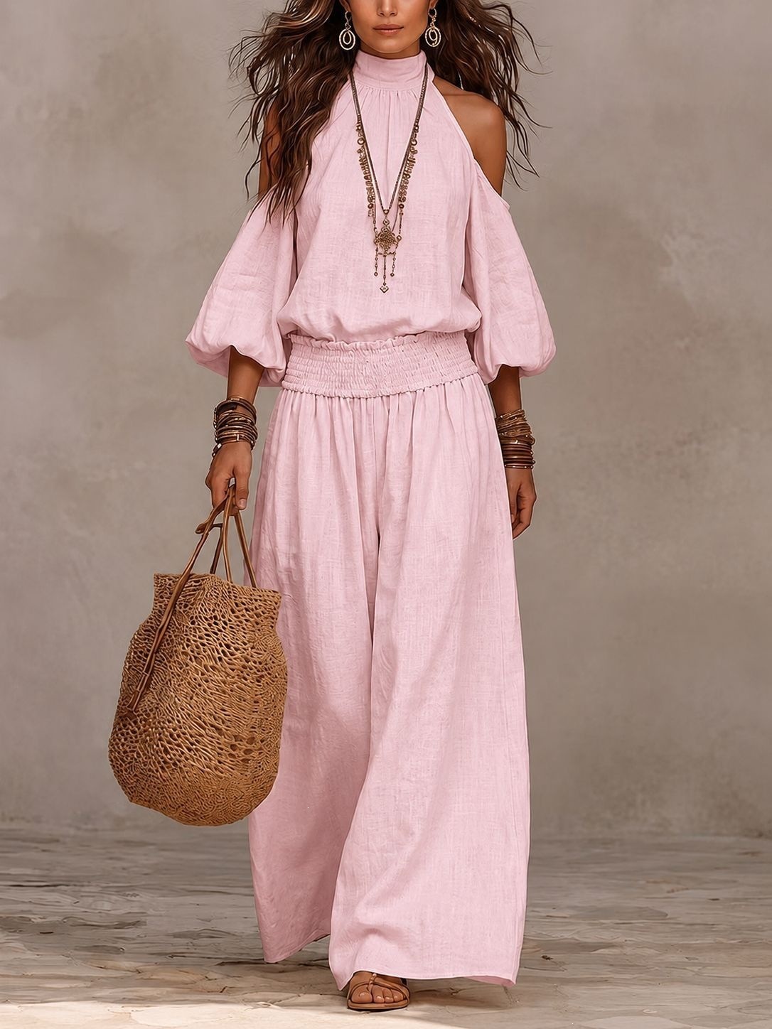 Women's Loose Long Sleeve Cutout Lantern Sleeve Two-Piece Set